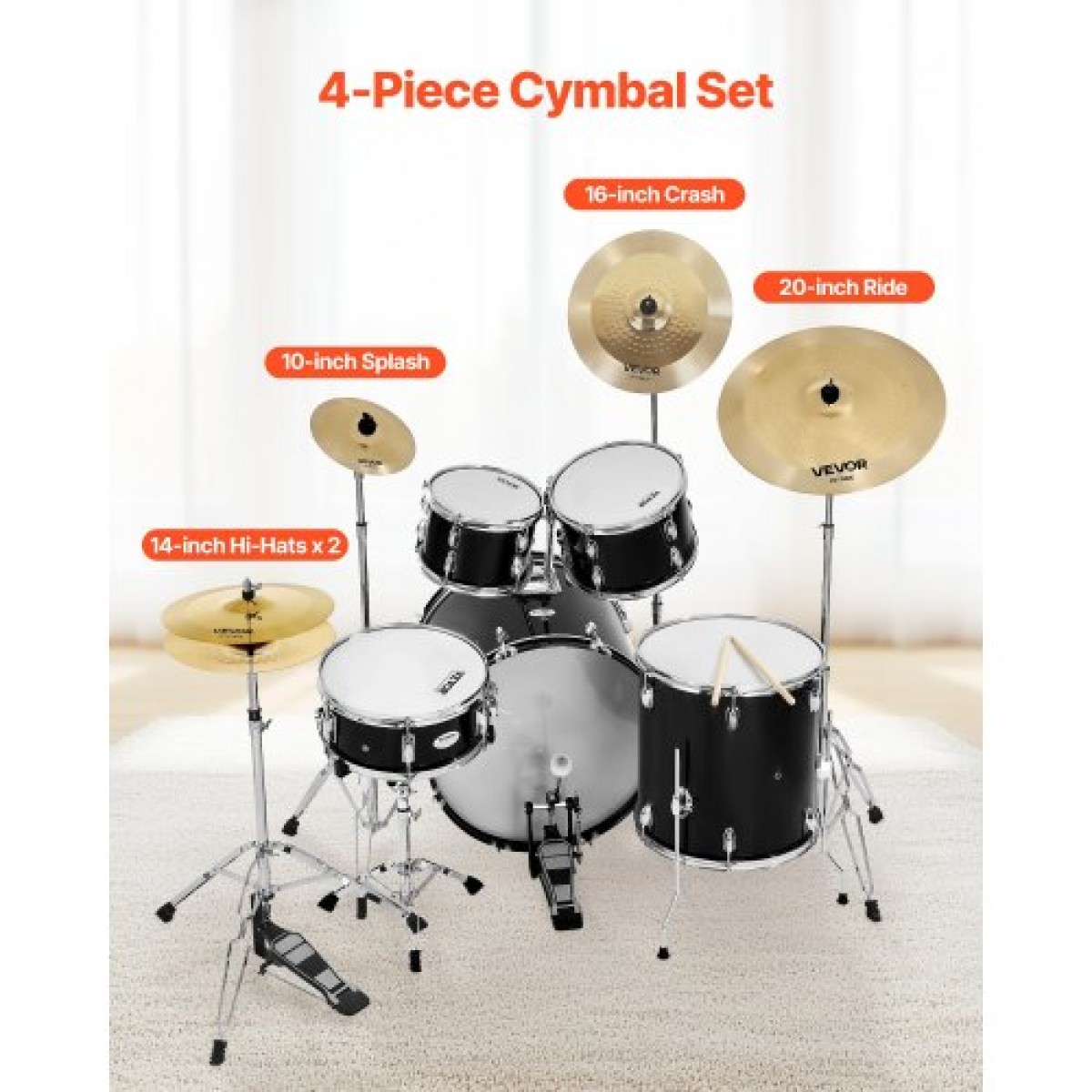 VEVOR Cymbal Pack 4 Pieces Cymbals Drum Set 355/400/505/254 mm(10 14 16 20 Inches) Cymbals for Drum
