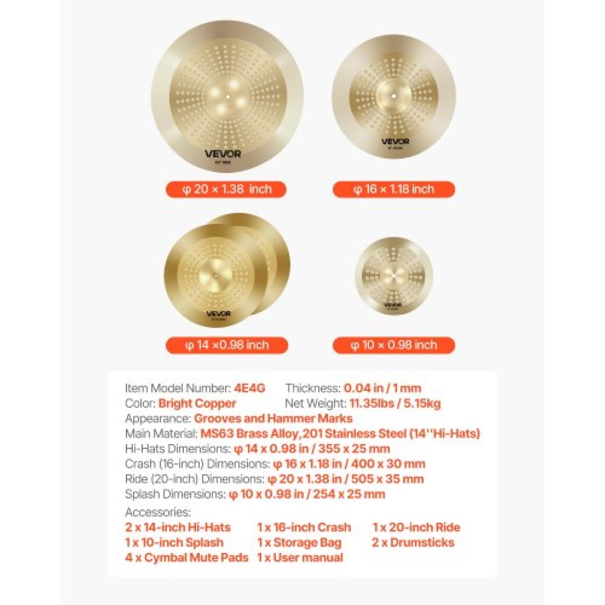 VEVOR Cymbal Pack 4 Pieces Cymbals Drum Set 355/400/505/254 mm(10 14 16 20 Inches) Cymbals for Drum