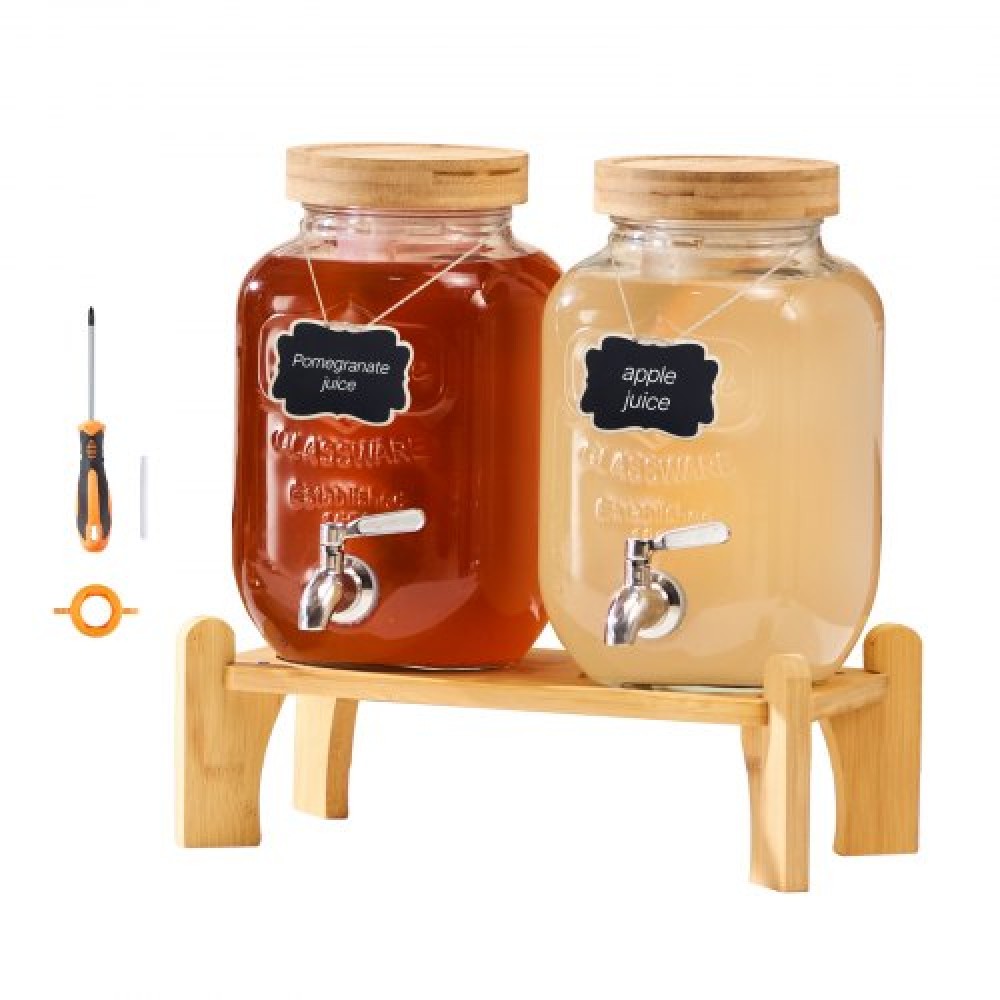 VEVOR Beverage Dispenser, 2 Pack 3.8L Dispensers Drink Dispens for Party, Glass Juice Dispenser with Wood Stand, Inox Spigot, Infuser, Iced Tea Juice Water Dispensers for Party
