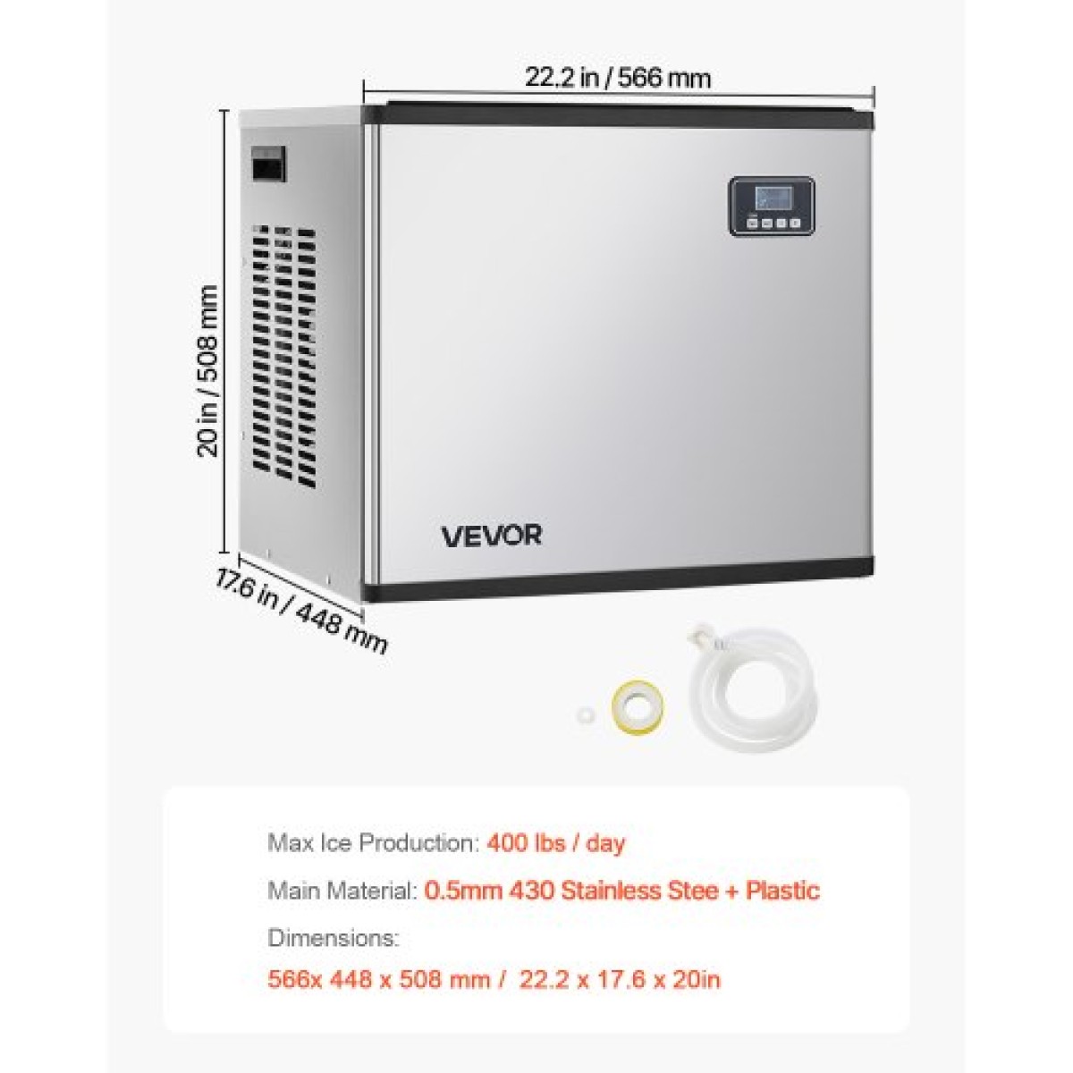 Εμπορική παγομηχανή VEVOR - Κεφαλή, 181,4 kg/ημέρα παγομηχανή από ανοξείδωτο χάλυβα με αυτοκαθαρισμό, προγραμματισμένη παρασκευή πάγου, ρυθμιζόμενο πάχος, ιδανική για εστιατόριο Bar Cafe Hotel - Μόνο για κεφαλή