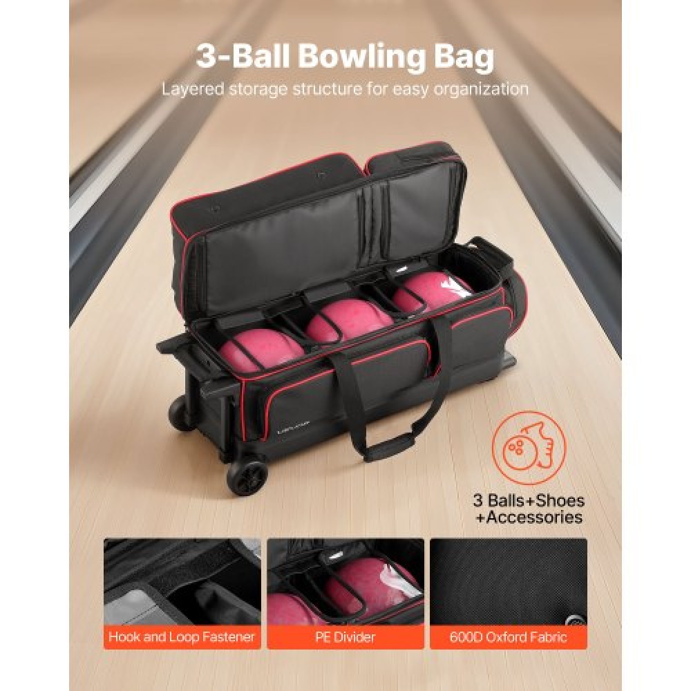 VEVOR 3 Ball Bowling Bag with Wheels Double Roller Bowling Bag Shoe Compartment