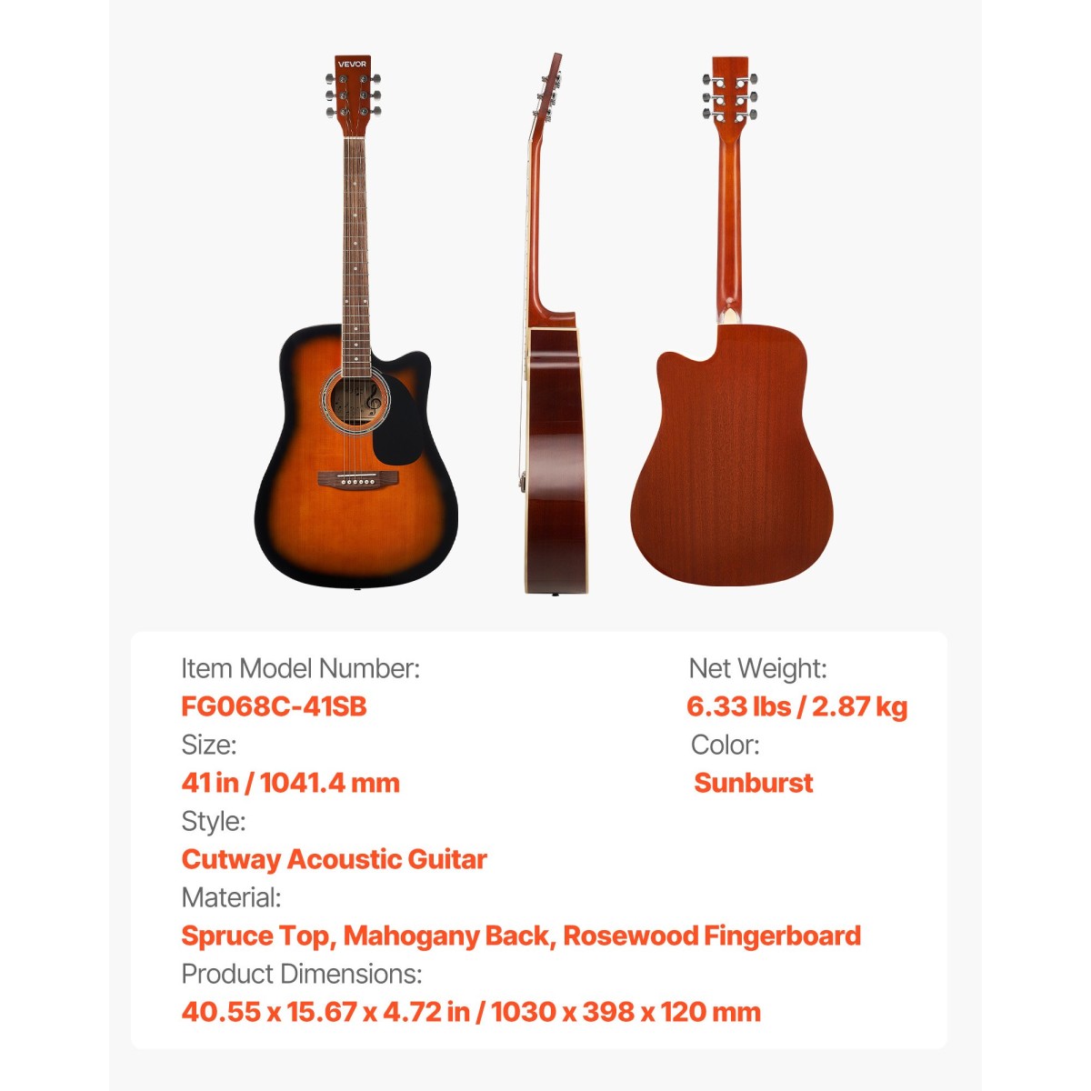 Τσάντα συναυλιών VEVOR 104,4 mm (41 ιντσών) Cutway Acoustic Guitar Beginner Gig Bag για ενήλικες Sunburst