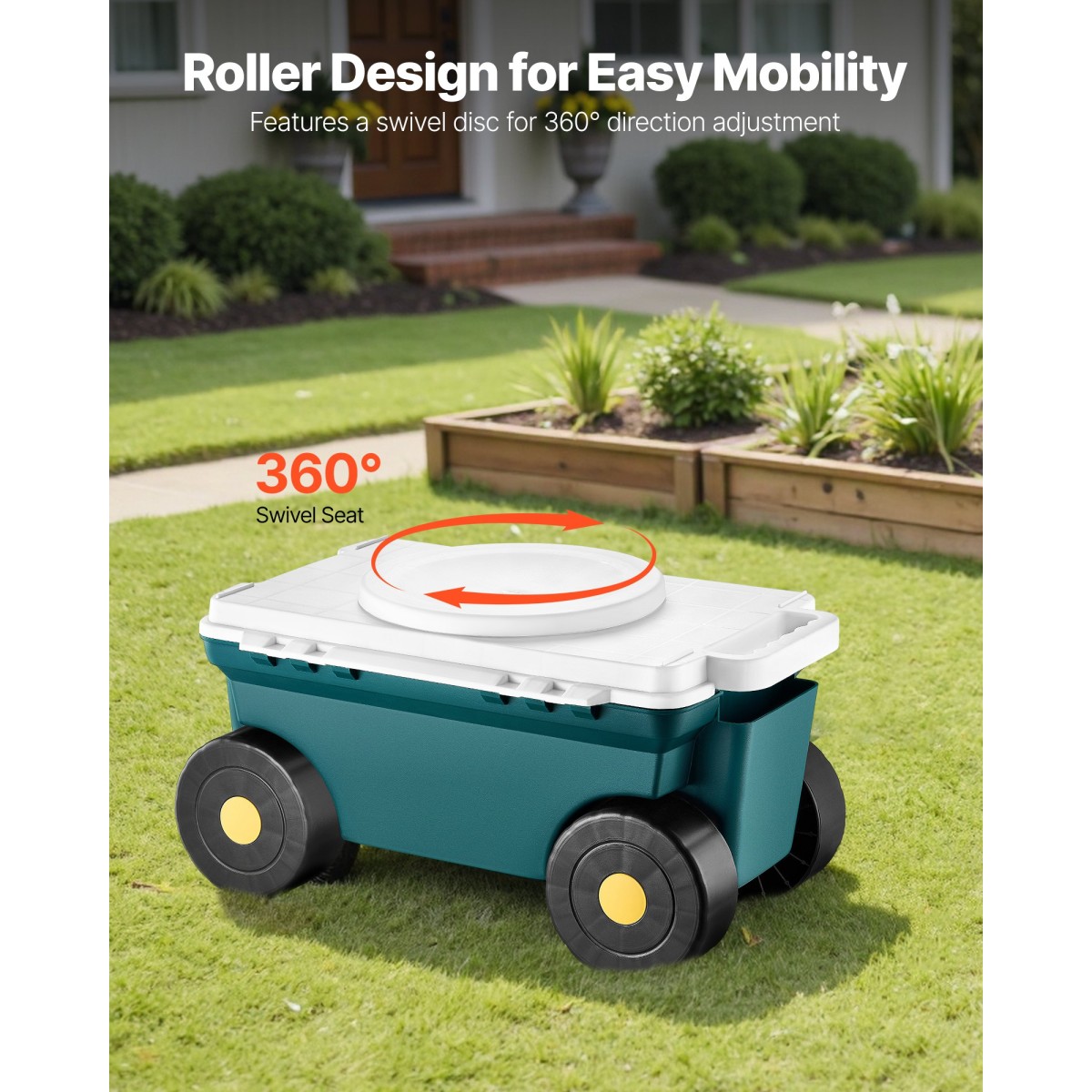 VEVOR Garden Scooter με Κάθισμα, 2 σε 1 Rolling Garden Cart με Αποθηκευτικό Κάδο, Υποστηρίζει έως και 123 kg, Βαγόνι εξωτερικού χώρου με λαβή, Ελαφρύ σκαμπό κηπουρικής αποθήκευσης για φύτευση βοτάνων σε αυλή