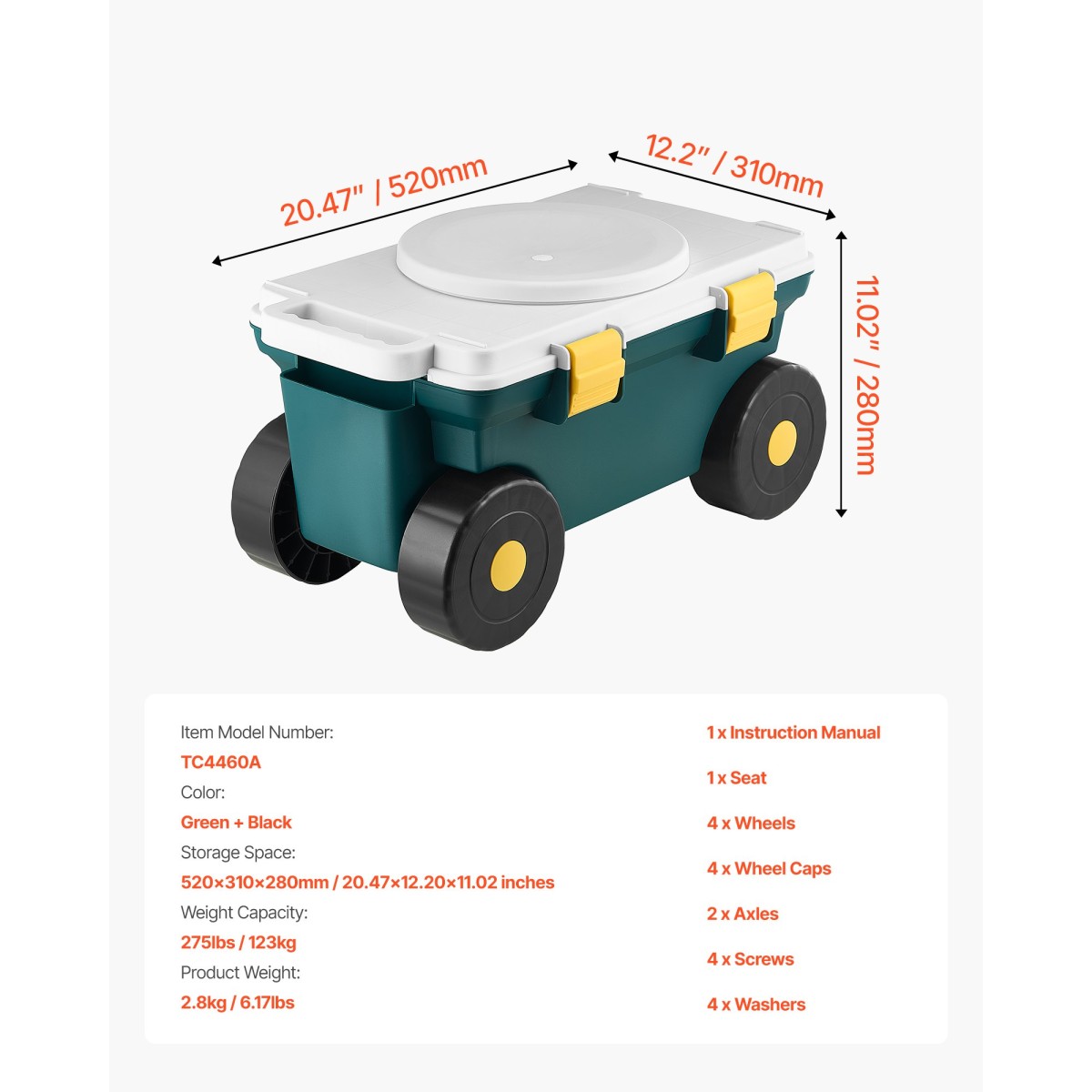 VEVOR Garden Scooter με Κάθισμα, 2 σε 1 Rolling Garden Cart με Αποθηκευτικό Κάδο, Υποστηρίζει έως και 123 kg, Βαγόνι εξωτερικού χώρου με λαβή, Ελαφρύ σκαμπό κηπουρικής αποθήκευσης για φύτευση βοτάνων σε αυλή