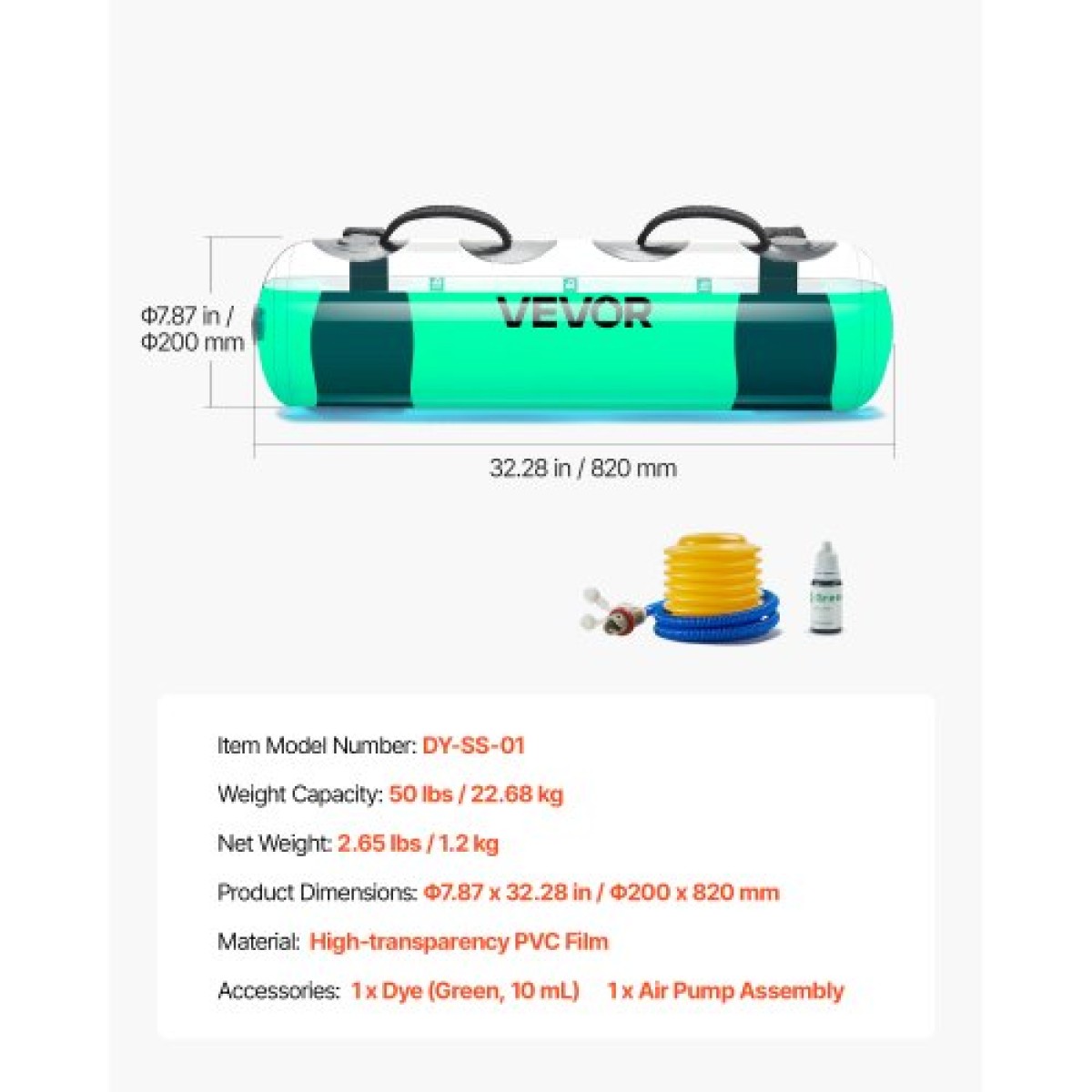 VEVOR Water Weights Aqua Bag, Large Aqua Bags for Workout, 22,68 kg Ρυθμιζόμενος φορητός εξοπλισμός ευστάθειας Fitness & Full Body Exercise, for Strength Core and Balance Training, Home Gym Exercise
