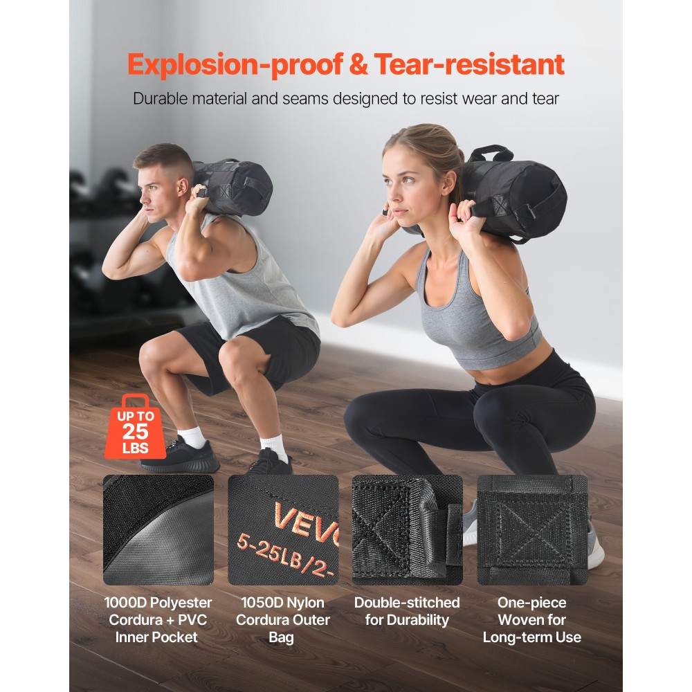 VEVOR Workout Sandbag, Heavy Duty Workout Power Bags with Handles, 2-11 kg Ρυθμιζόμενη τσάντα Slam for Fitness Strength Weight Training Cross-Training, Γυμναστική στο σπίτι, Μαύρο (χωρίς)