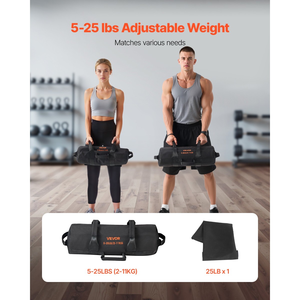 VEVOR Workout Sandbag, Heavy Duty Workout Power Bags with Handles, 2-11 kg Ρυθμιζόμενη τσάντα Slam for Fitness Strength Weight Training Cross-Training, Γυμναστική στο σπίτι, Μαύρο (χωρίς)