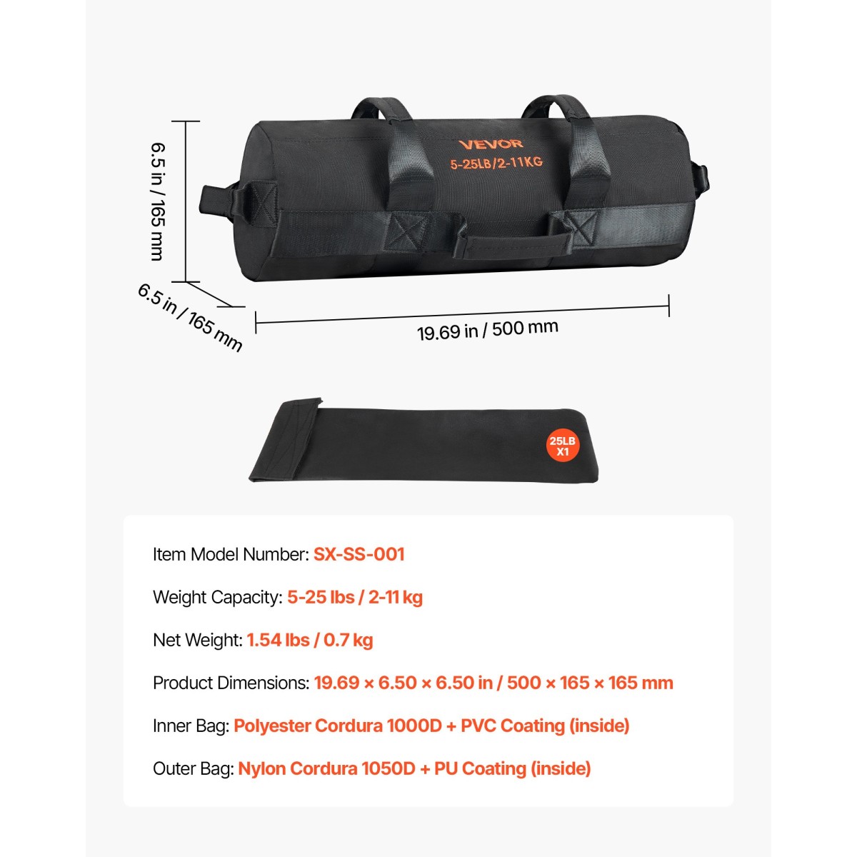 VEVOR Workout Sandbag, Heavy Duty Workout Power Bags with Handles, 2-11 kg Ρυθμιζόμενη τσάντα Slam for Fitness Strength Weight Training Cross-Training, Γυμναστική στο σπίτι, Μαύρο (χωρίς)