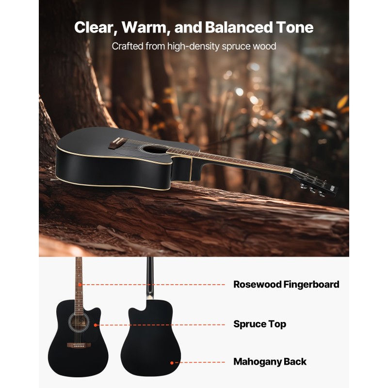VEVOR 1041 mm (41 ίντσες) Cutway Acoustic Guitar Bundle with Gig Bag for Adult Black