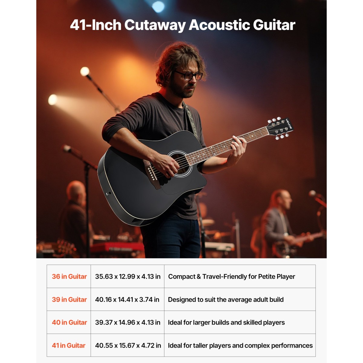 VEVOR 1041 mm (41 ίντσες) Cutway Acoustic Guitar Bundle with Gig Bag for Adult Black