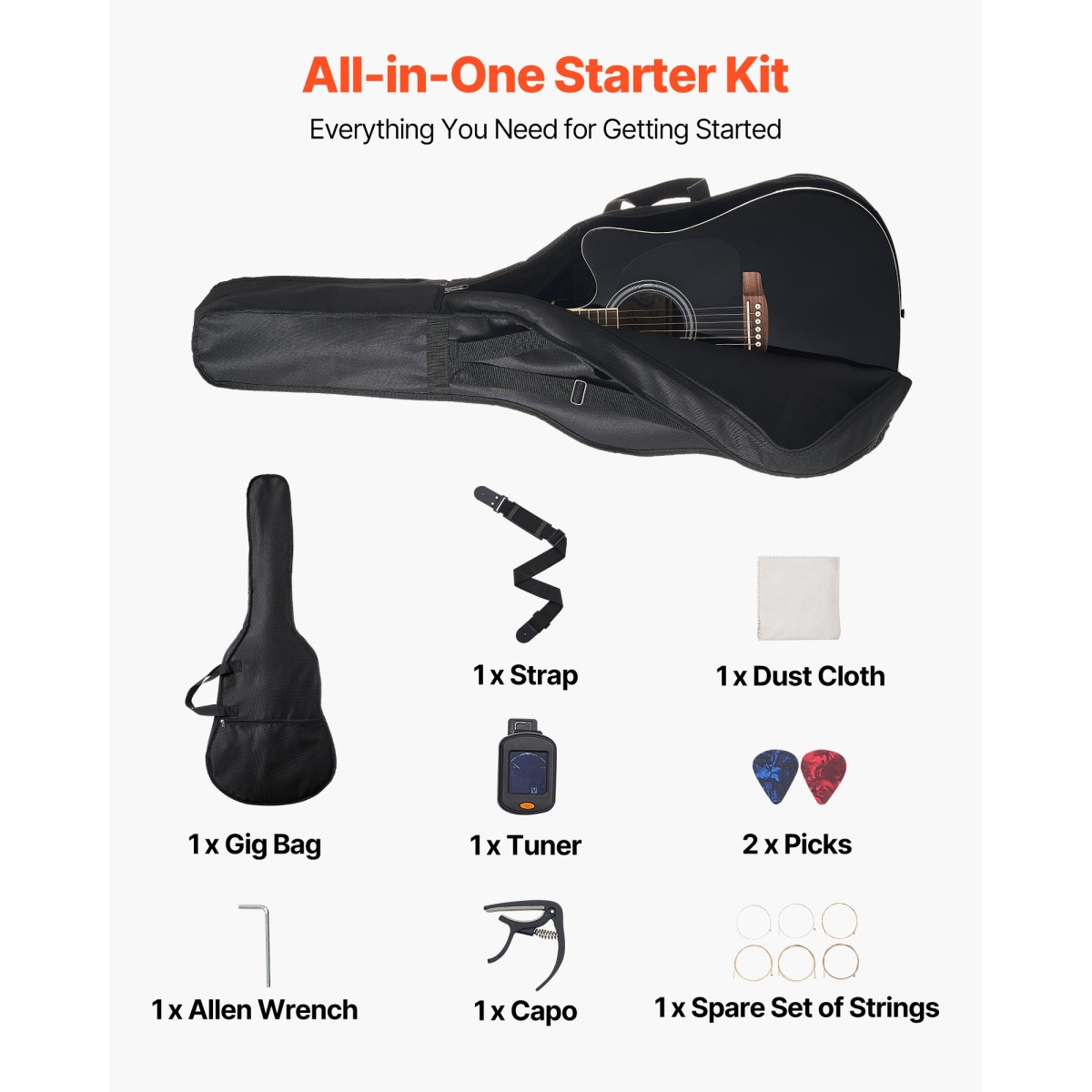 VEVOR 1041 mm (41 ίντσες) Cutway Acoustic Guitar Bundle with Gig Bag for Adult Black