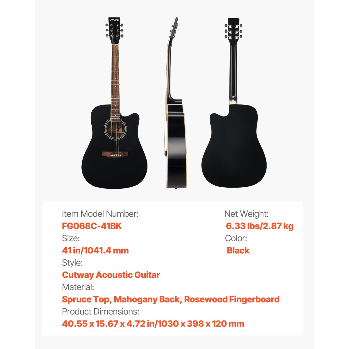 VEVOR 1041 mm (41 ίντσες) Cutway Acoustic Guitar Bundle with Gig Bag for Adult Black