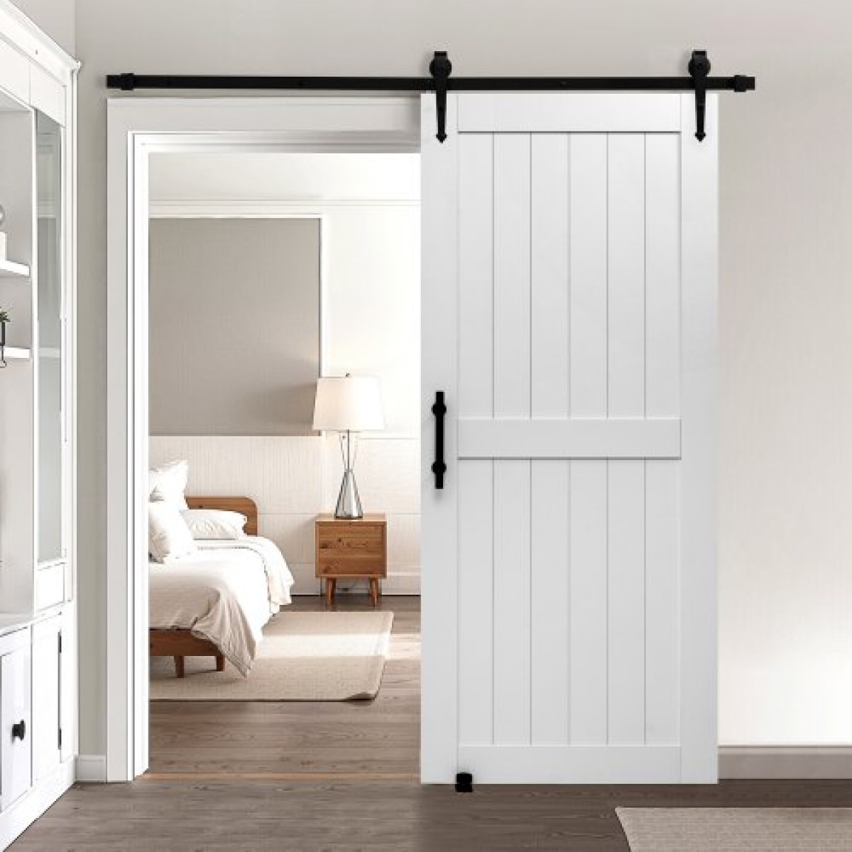 VEVOR Συρόμενη Πόρτα Αχυρώνα, 914 x 2134 mm, Πάνελ MDF υψηλής αντοχής, Πόρτα αχυρώνα με κιτ υλικού, Αδιάβροχη επιφάνεια PVC, Εύκολη εγκατάσταση, Πλαίσιο H, Ομαλά και αθόρυβα συρόμενα για σαλόνι, μπάνιο