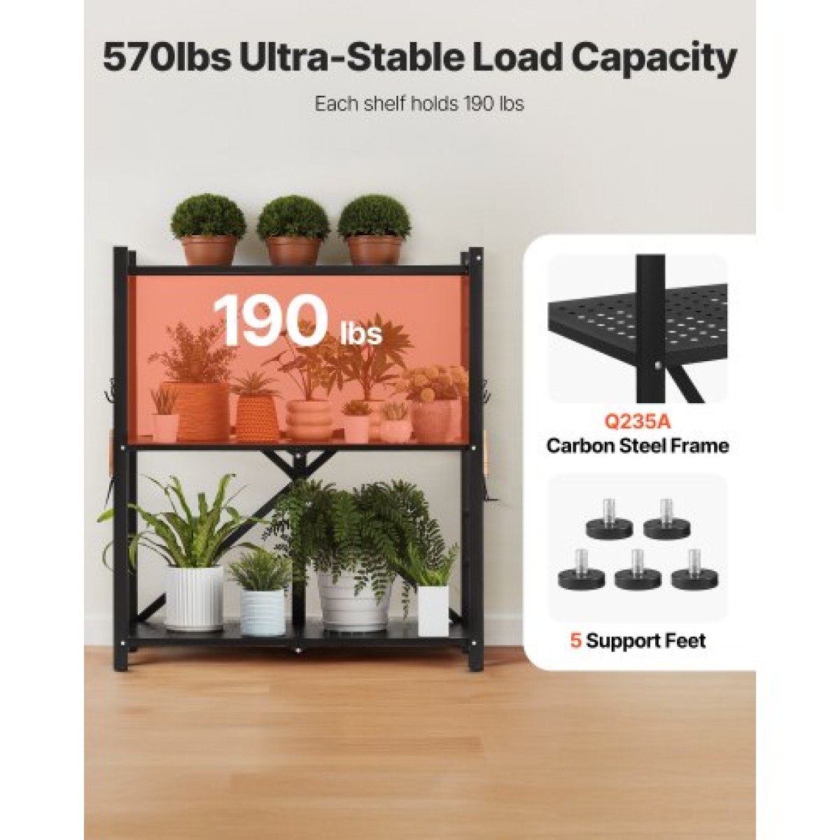 Πτυσσόμενο ράφι αποθήκευσης VEVOR 3 επιπέδων, 30W x 13D x 36H Inch Αναδιπλούμενο Μεταλλικό Ράφι Ράφια, Χωρίς Συναρμολόγηση ράφι με 5 ρόδες & 4 γάντζους για ντουλάπι, κουζίνα, γκαράζ, υπόγειο, μαύρο