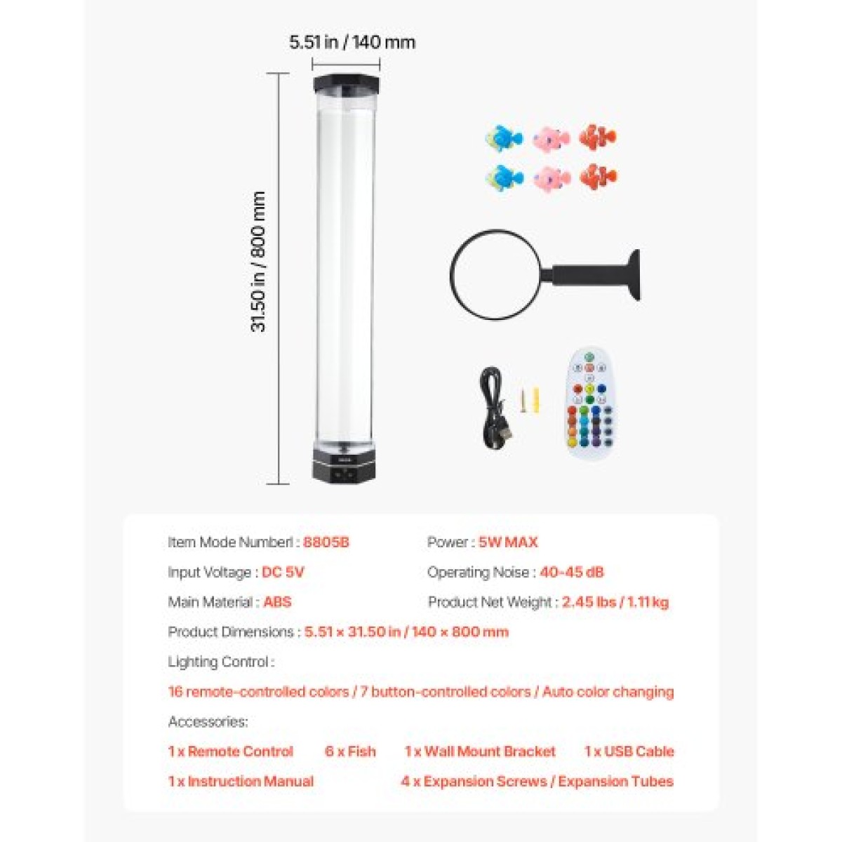 Λάμπα VEVOR Bubble Tube 16 Έγχρωμη 80 cm Αισθητήρια Λάμπα Ενυδρείου για Ανακούφιση Ηρεμώντας