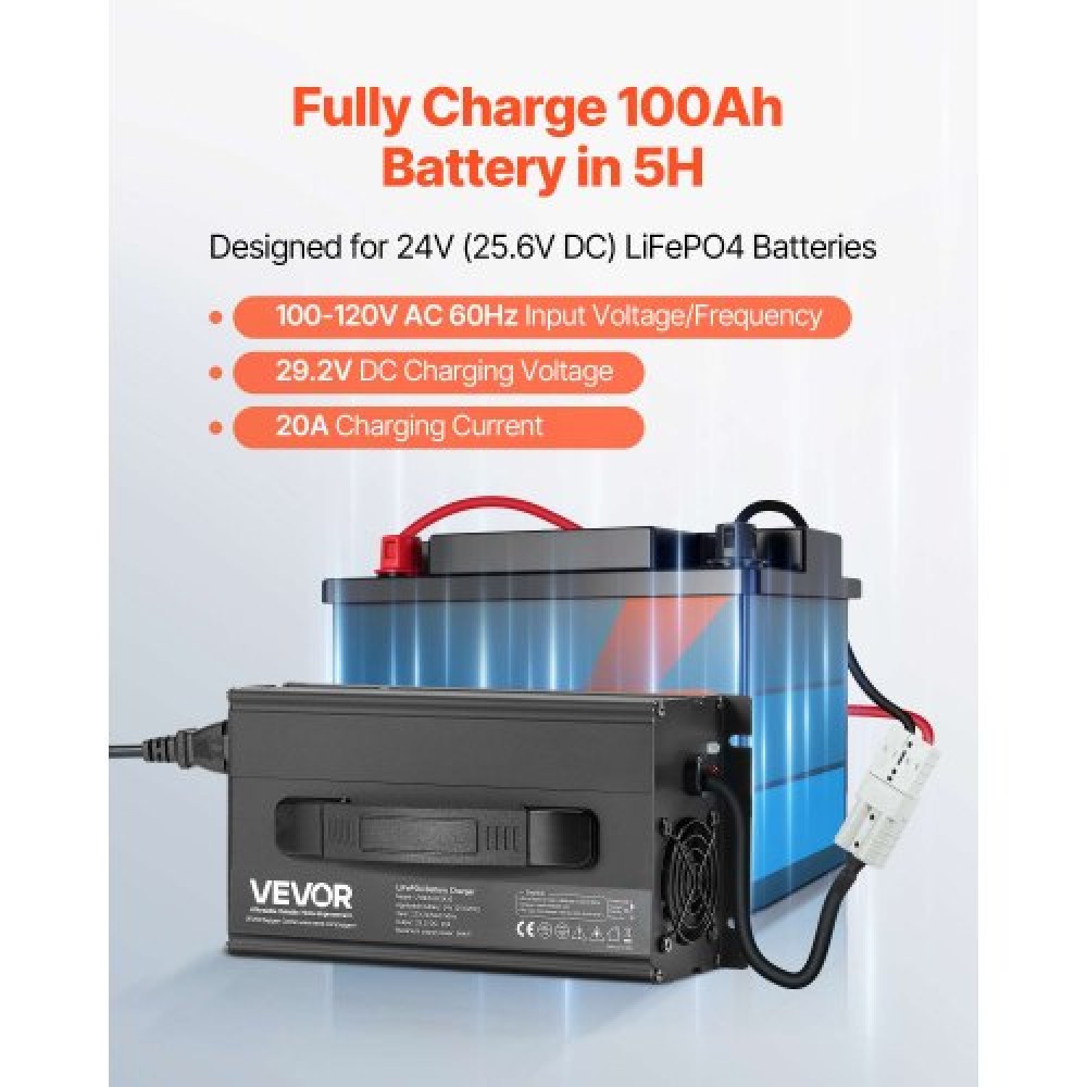 Φορτιστής μπαταριών λιθίου VEVOR 24V 20A, 29,2V, AC-DC LiFePO4 Smart Charger, με βύσμα Anderson, ένδειξη LED, ενεργοποίηση 0V, για επαναφορτιζόμενες μπαταρίες λιθίου LiFePO4 Deep Cycle Boat, RV