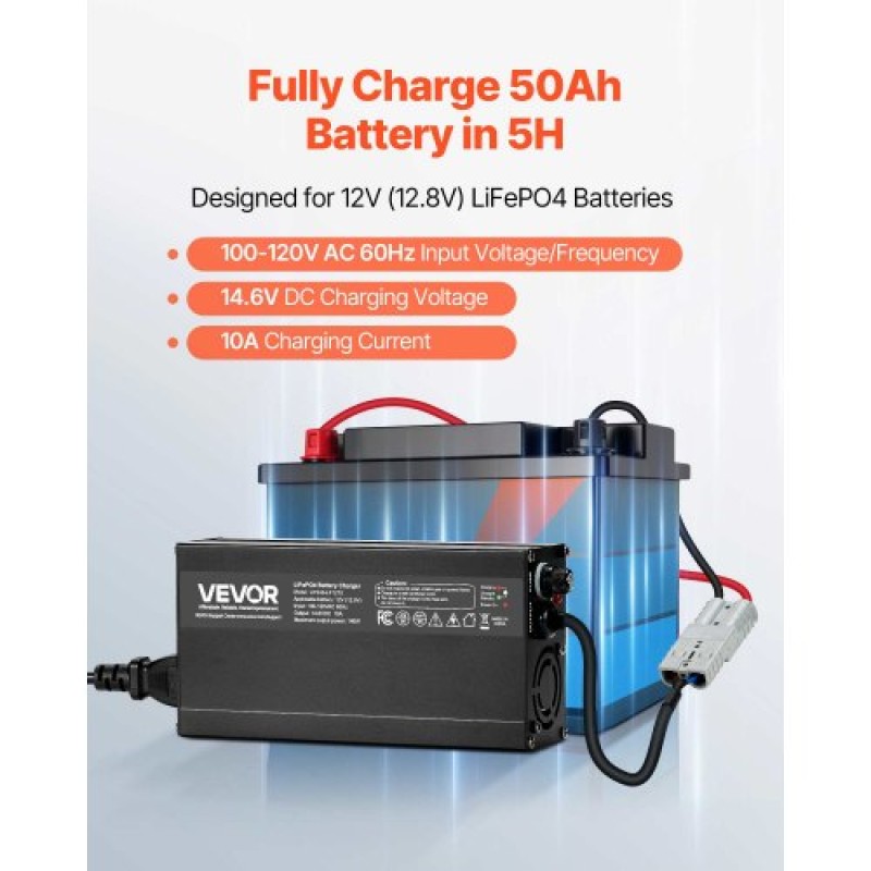 VEVOR 12V 10A Lithium Battery Charger 14.6V AC-DC LiFePO4 Smart Charger for RV