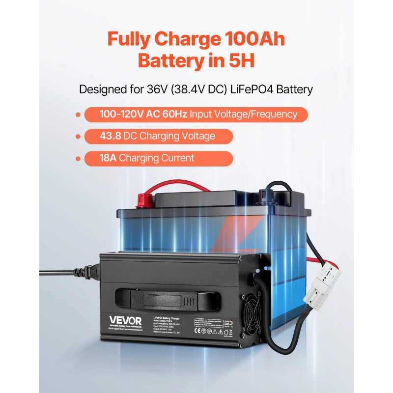 Φορτιστής μπαταριών λιθίου VEVOR 36V 18A, 43,8V, AC-DC LiFePO4 Smart Charger, με βύσμα Anderson, ένδειξη LED, ενεργοποίηση 0V, για επαναφορτιζόμενες μπαταρίες λιθίου LiFePO4 Deep Cycle Boat, RV