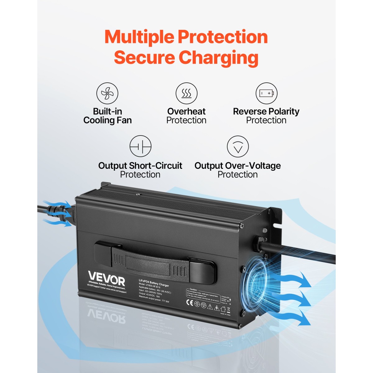 Φορτιστής μπαταριών λιθίου VEVOR 36V 18A, 43,8V, AC-DC LiFePO4 Smart Charger, με βύσμα Anderson, ένδειξη LED, ενεργοποίηση 0V, για επαναφορτιζόμενες μπαταρίες λιθίου LiFePO4 Deep Cycle Boat, RV
