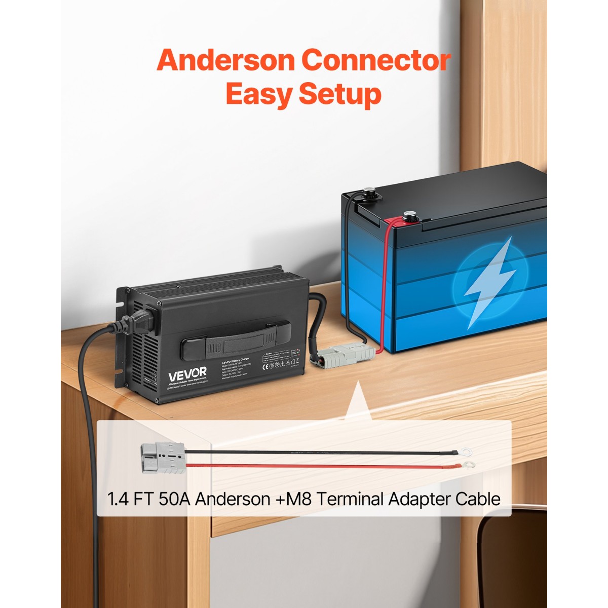 Φορτιστής μπαταριών λιθίου VEVOR 36V 18A, 43,8V, AC-DC LiFePO4 Smart Charger, με βύσμα Anderson, ένδειξη LED, ενεργοποίηση 0V, για επαναφορτιζόμενες μπαταρίες λιθίου LiFePO4 Deep Cycle Boat, RV