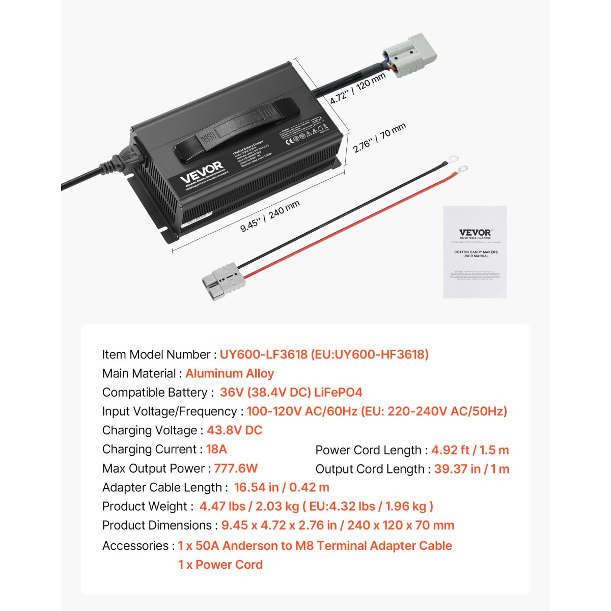 Φορτιστής μπαταριών λιθίου VEVOR 36V 18A, 43,8V, AC-DC LiFePO4 Smart Charger, με βύσμα Anderson, ένδειξη LED, ενεργοποίηση 0V, για επαναφορτιζόμενες μπαταρίες λιθίου LiFePO4 Deep Cycle Boat, RV