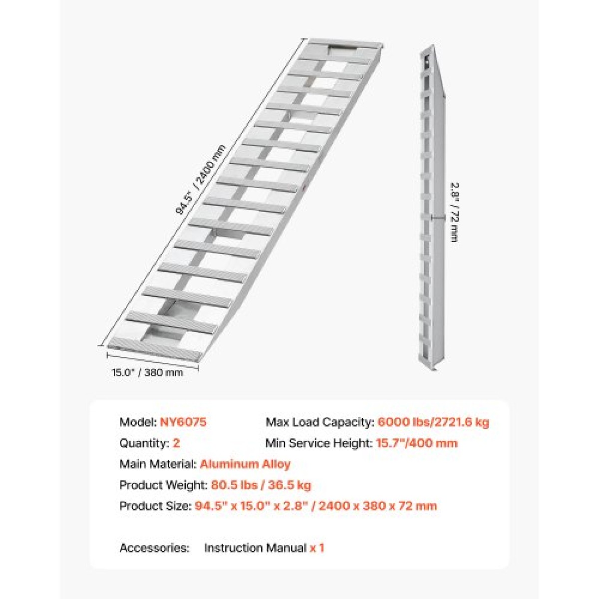 Ράμπες φόρτωσης VEVOR, 2 τμχ 2400 x 380 mm, Σετ ράμπας ρυμουλκούμενου από ανθεκτικό αλουμίνιο και βαρέως τύπου με αντιολισθητικές πλάκες, 2721,6 kg συνδυασμένης χωρητικότητας, για καρότσια, αγροτικά τρακτέρ, ATV, χορτοκοπτικά, μοτοσυκλέτες