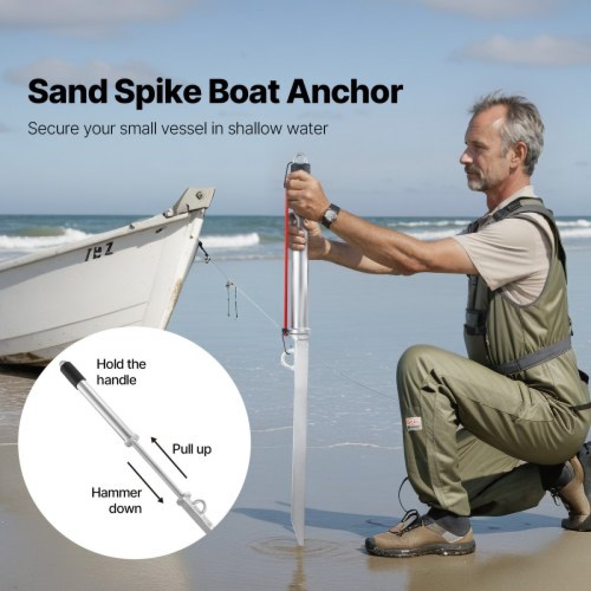 VEVOR Sand Spike Boat Anchor, 90 cm Slide Anchor Shore Spike, γαλβανισμένο ανθρακούχο χάλυβα Boat Shore Anchors, Shallow Water Beach Anchor, for Securing Jet Ski PWC Pontoon Kayak σε παραλίες και Sandbars