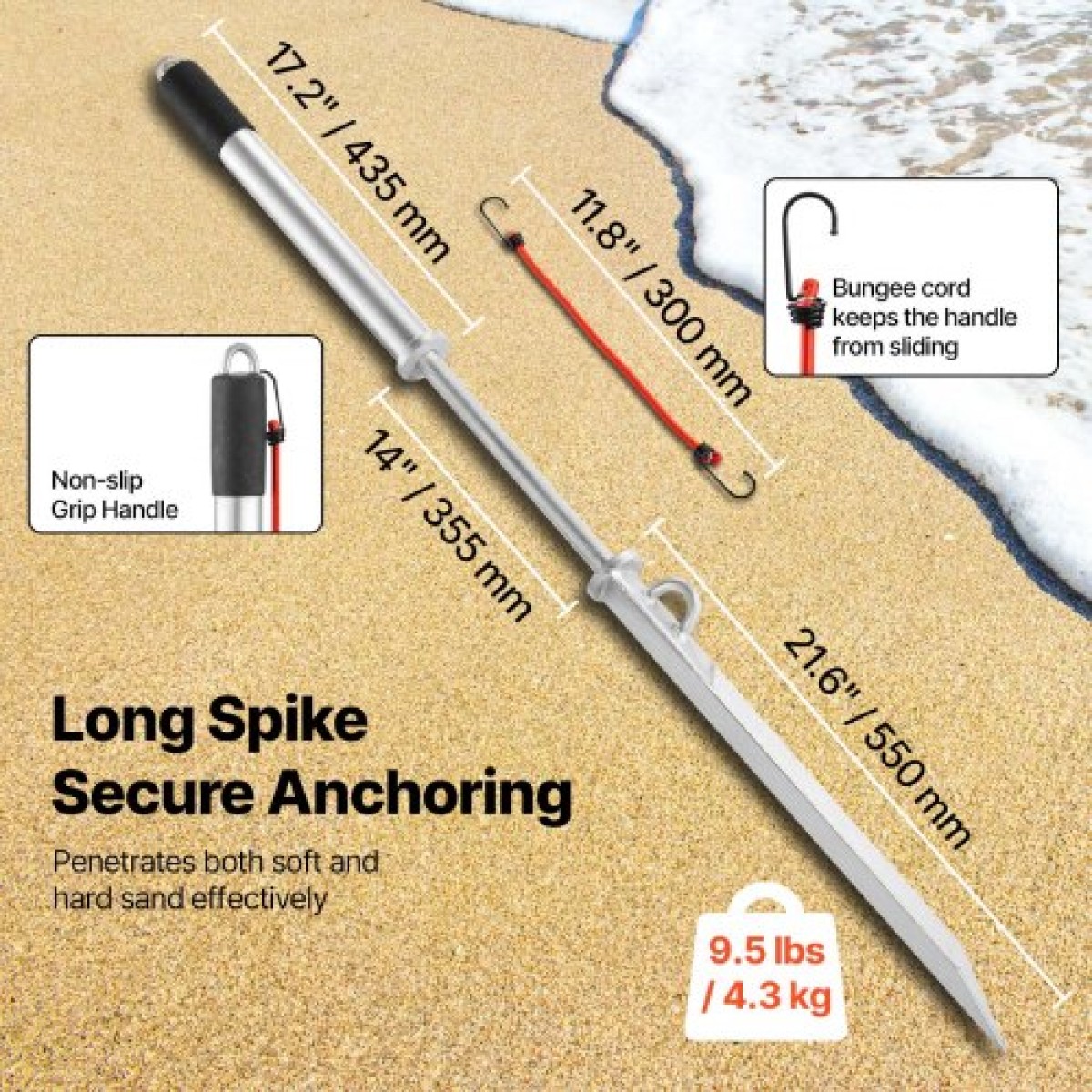 VEVOR Sand Spike Boat Anchor, 90 cm Slide Anchor Shore Spike, γαλβανισμένο ανθρακούχο χάλυβα Boat Shore Anchors, Shallow Water Beach Anchor, for Securing Jet Ski PWC Pontoon Kayak σε παραλίες και Sandbars