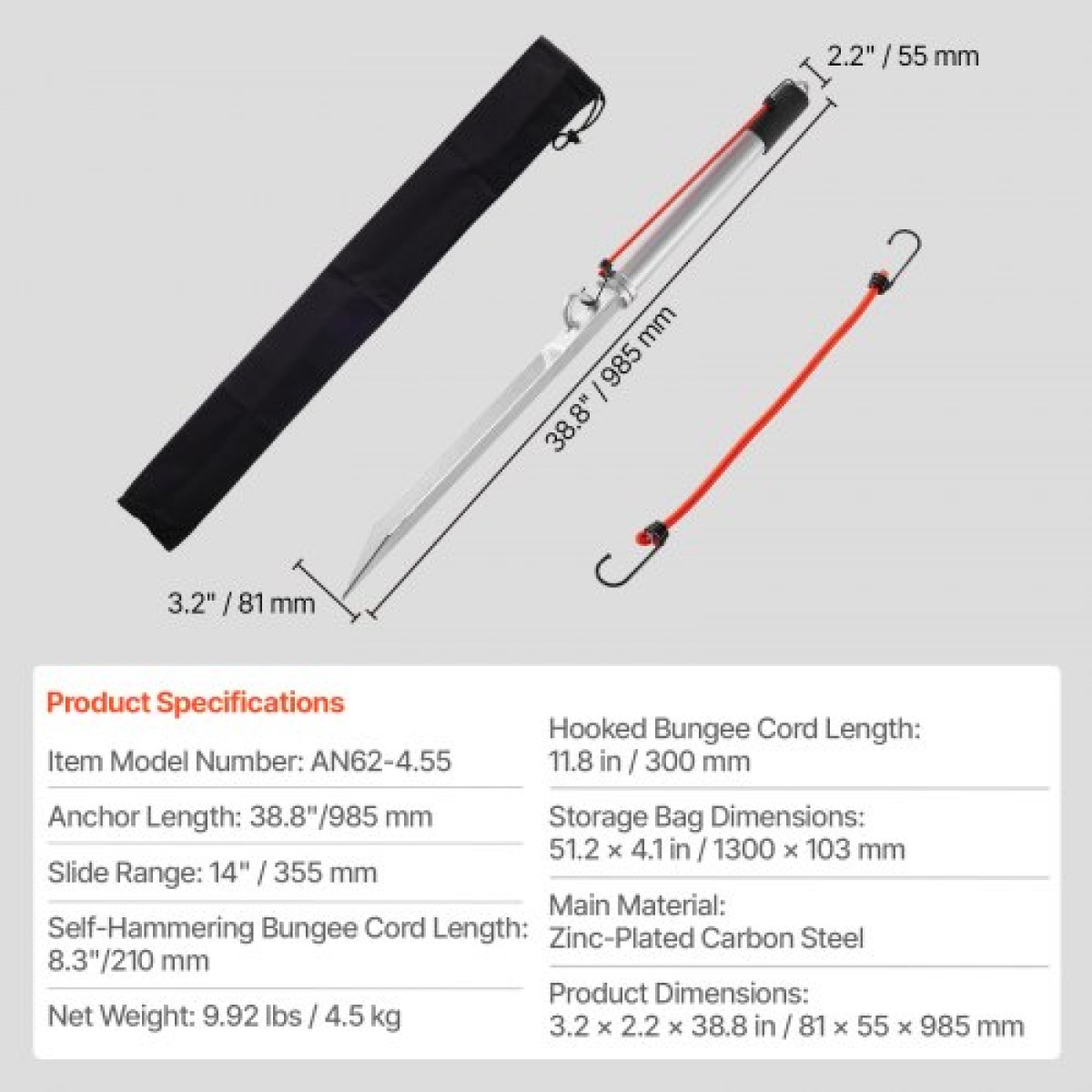 VEVOR Sand Spike Boat Anchor, 90 cm Slide Anchor Shore Spike, γαλβανισμένο ανθρακούχο χάλυβα Boat Shore Anchors, Shallow Water Beach Anchor, for Securing Jet Ski PWC Pontoon Kayak σε παραλίες και Sandbars