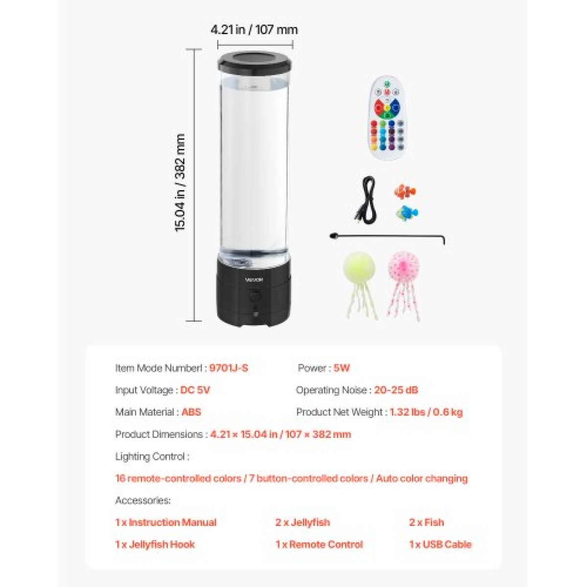 VEVOR Sensory Bubble Tube Lamp 16 Τηλεχειριζόμενο Έγχρωμο Water Lamp Fish 382mm