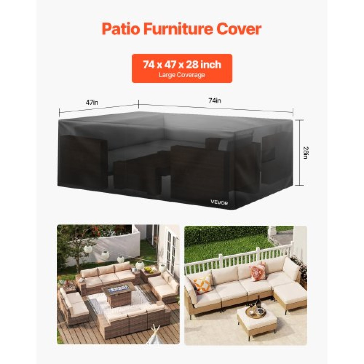 Κάλυμμα επίπλων βεράντας VEVOR, 420D Heavy Duty αδιάβροχο κάλυμμα τραπεζαρίας και καρέκλες εξωτερικού χώρου, Μεγάλα ορθογώνια καλύμματα τραπεζιών βεράντας με αεραγωγό για παντός καιρού, 188L x 120W x 71H cm, Μαύρο