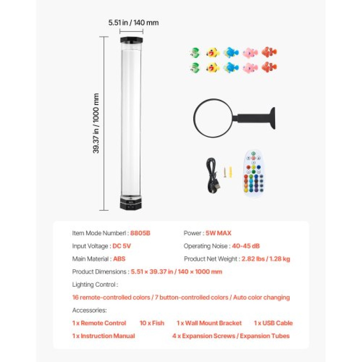 Λάμπα VEVOR Bubble Tube 16 Color 1 m Sensory Lamp Aquarium for Relief Calming