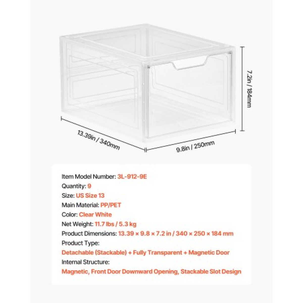 Κουτιά αποθήκευσης παπουτσιών VEVOR, 9 Pack Clear στοιβαζόμενα κουτιά παπουτσιών Οργανοθήκη αποθήκευσης με μαγνητική πόρτα, προσαρμοσμένη στο μέγεθος US 13, πλαστικά δοχεία για αθλητικά παπούτσια για ψηλοτάκουνα, μπότες και καπέλα, διάφανο λευκό