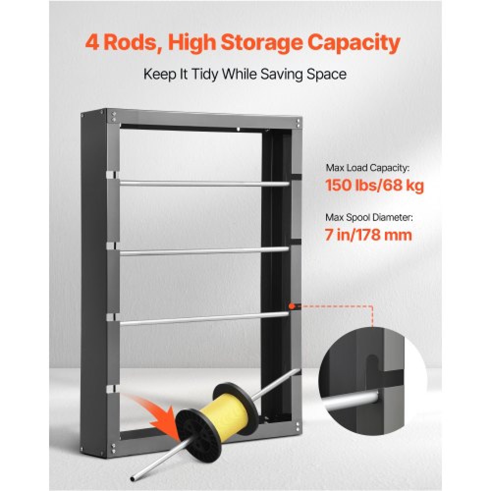 VEVOR Wire Spool Rack 4 Adjustable Rods Spool Holder Wall Mount 150 lbs Capacity