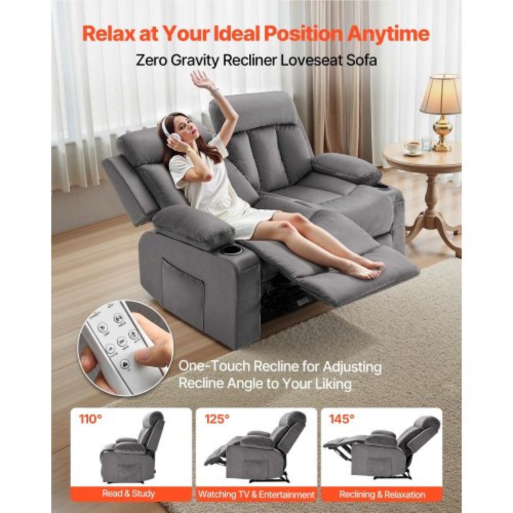 Ανακλινόμενος καναπές VEVOR Loveseat, Ηλεκτρικός ανακλινόμενος καναπές με θέρμανση και μασάζ, Ηλεκτρικός βελούδινος καναπές με θύρες USB, ποτηροθήκες και πλαϊνές τσάντες, διπλή καρέκλα Loveseat για σαλόνι, γκρι