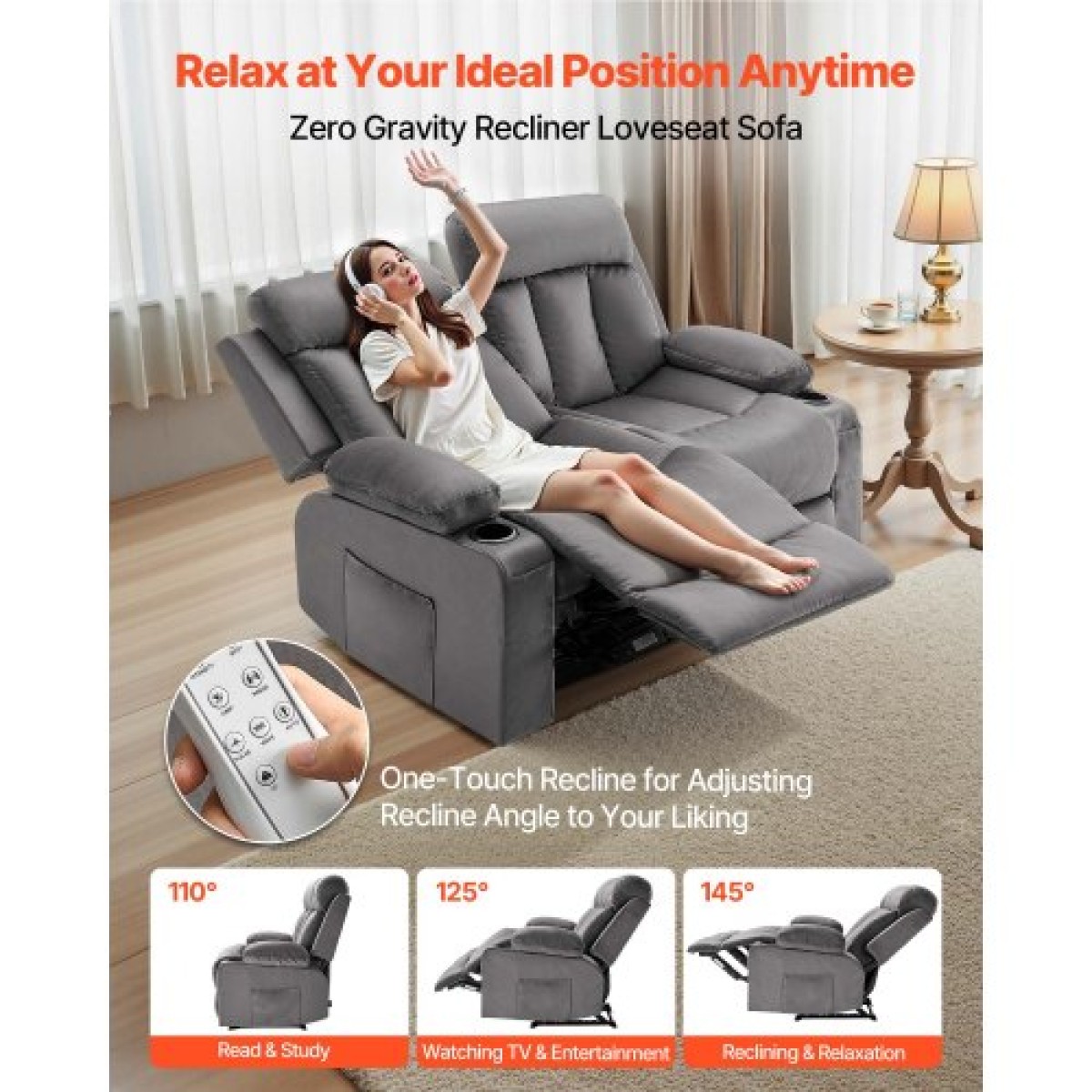 Ανακλινόμενος καναπές VEVOR Loveseat, Ηλεκτρικός ανακλινόμενος καναπές με θέρμανση και μασάζ, Ηλεκτρικός βελούδινος καναπές με θύρες USB, ποτηροθήκες και πλαϊνές τσάντες, διπλή καρέκλα Loveseat για σαλόνι, γκρι