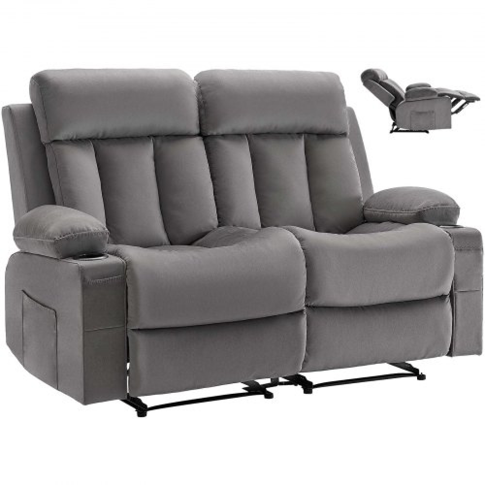 Ανακλινόμενος καναπές VEVOR Loveseat, Ηλεκτρικός ανακλινόμενος καναπές με θέρμανση και μασάζ, Ηλεκτρικός βελούδινος καναπές με θύρες USB, ποτηροθήκες και πλαϊνές τσάντες, διπλή καρέκλα Loveseat για σαλόνι, γκρι