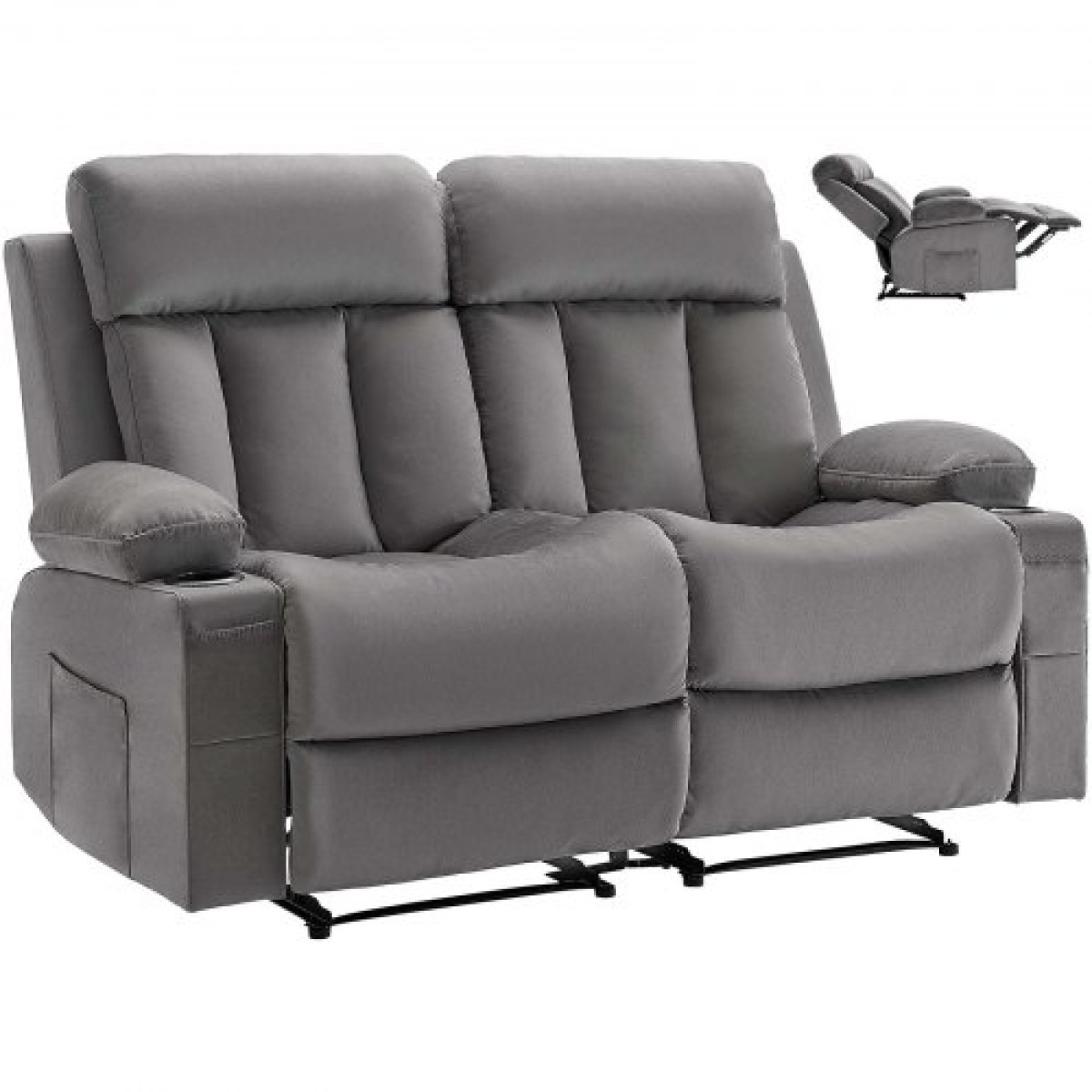 Ανακλινόμενος καναπές VEVOR Loveseat, Ηλεκτρικός ανακλινόμενος καναπές με θέρμανση και μασάζ, Ηλεκτρικός βελούδινος καναπές με θύρες USB, ποτηροθήκες και πλαϊνές τσάντες, διπλή καρέκλα Loveseat για σαλόνι, γκρι