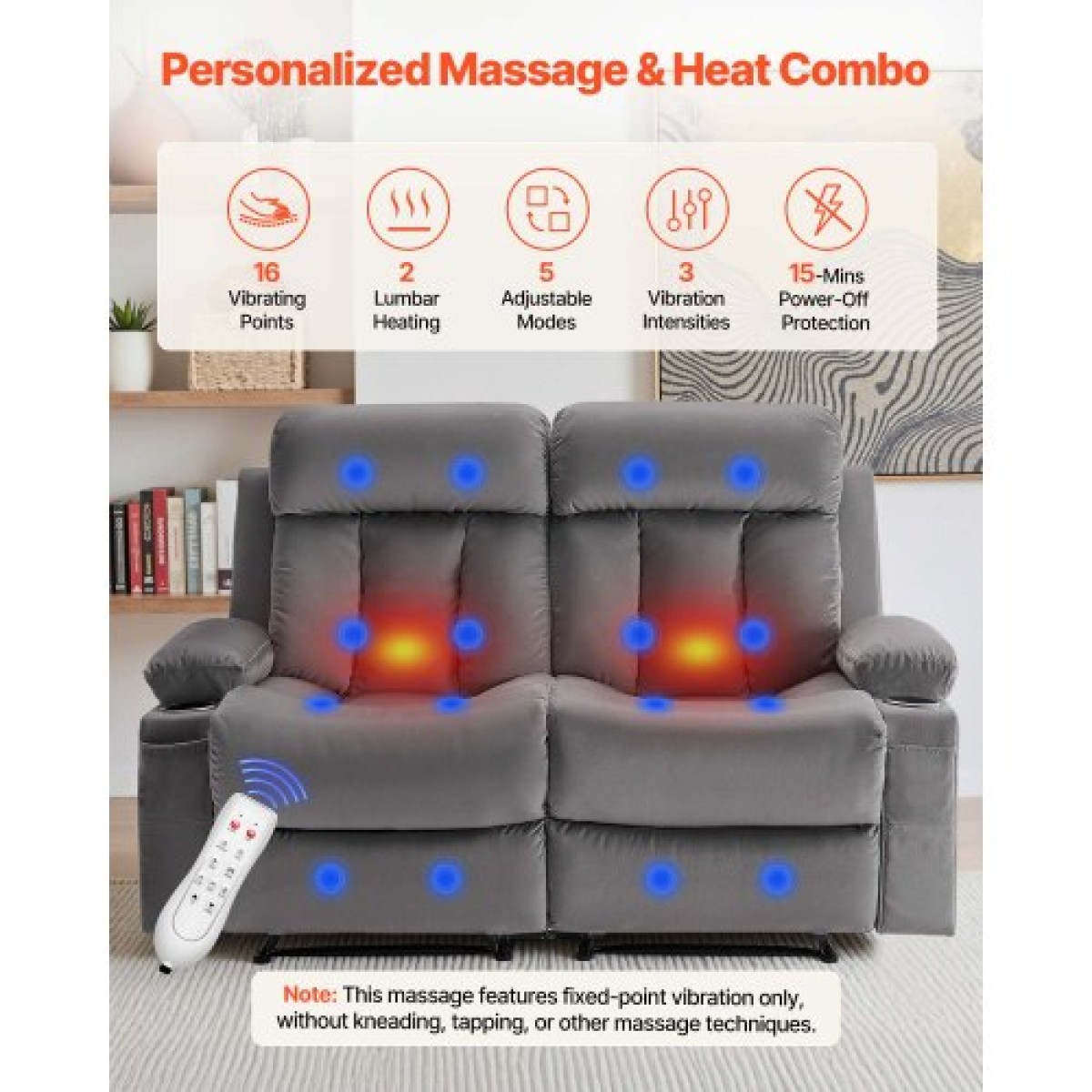 Ανακλινόμενος καναπές VEVOR Loveseat, Ηλεκτρικός ανακλινόμενος καναπές με θέρμανση και μασάζ, Ηλεκτρικός βελούδινος καναπές με θύρες USB, ποτηροθήκες και πλαϊνές τσάντες, διπλή καρέκλα Loveseat για σαλόνι, γκρι