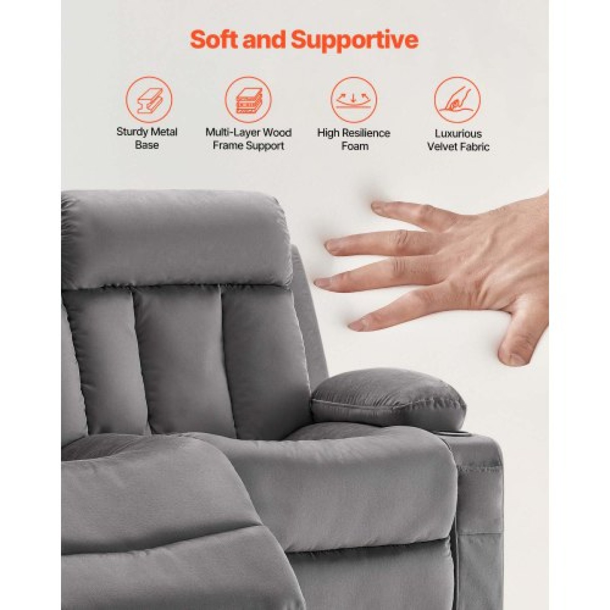 Ανακλινόμενος καναπές VEVOR Loveseat, Ηλεκτρικός ανακλινόμενος καναπές με θέρμανση και μασάζ, Ηλεκτρικός βελούδινος καναπές με θύρες USB, ποτηροθήκες και πλαϊνές τσάντες, διπλή καρέκλα Loveseat για σαλόνι, γκρι