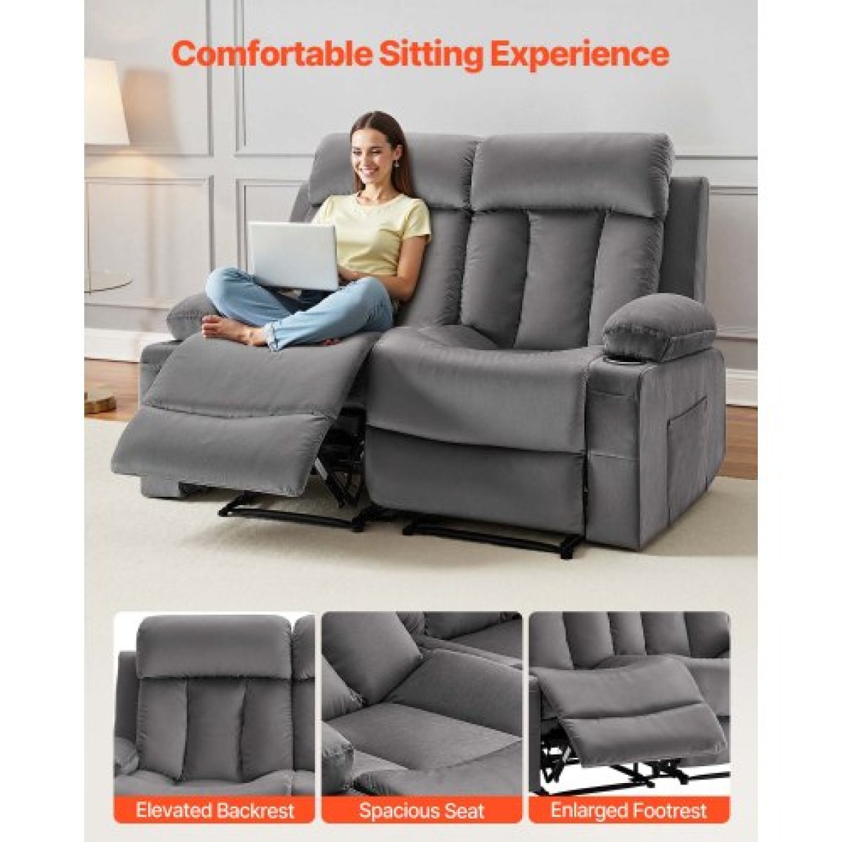 Ανακλινόμενος καναπές VEVOR Loveseat, Ηλεκτρικός ανακλινόμενος καναπές με θέρμανση και μασάζ, Ηλεκτρικός βελούδινος καναπές με θύρες USB, ποτηροθήκες και πλαϊνές τσάντες, διπλή καρέκλα Loveseat για σαλόνι, γκρι