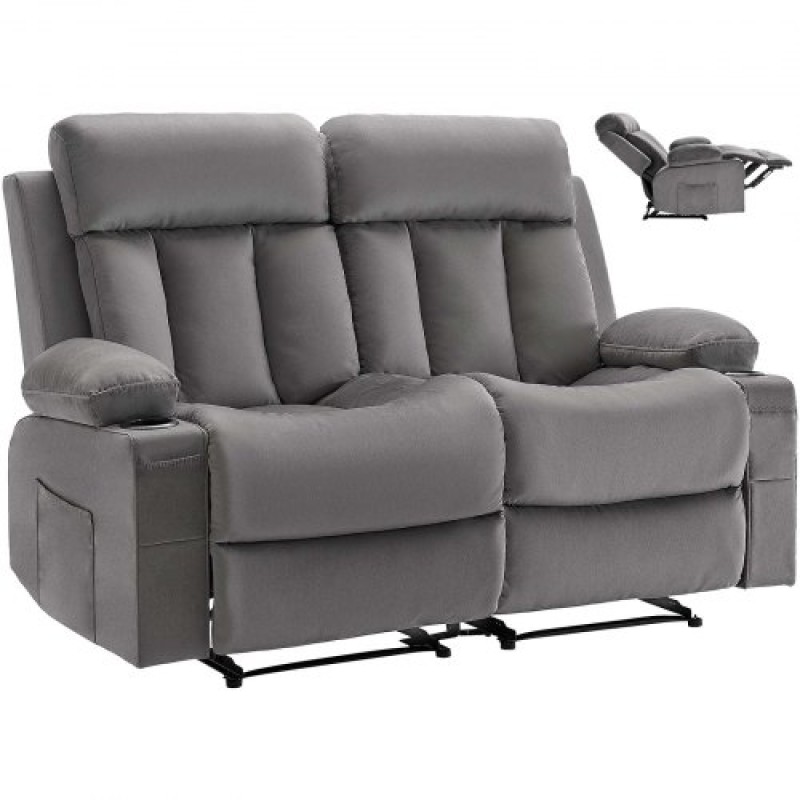 Ανακλινόμενος καναπές VEVOR Loveseat, Ηλεκτρικός ανακλινόμενος καναπές με θέρμανση και μασάζ, Ηλεκτρικός βελούδινος καναπές με θύρες USB, ποτηροθήκες και πλαϊνές τσάντες, διπλή καρέκλα Loveseat για σαλόνι, γκρι