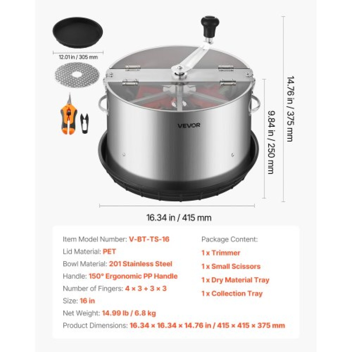 VEVOR Manual Bud Leaf Trimmer, 370mm Reaper Bowl Bud Trimmer με λεπίδες από ανοξείδωτο χάλυβα, οπτική κοπή, υγρή και στεγνή υδροπονική μηχανή κοπής με δίσκο, περιστρεφόμενη περιστροφή για λουλούδια φυτών