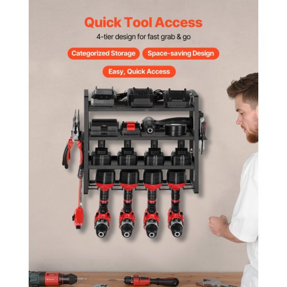Βάση τοίχου VEVOR Power Tool Organizer, ράφι αποθήκευσης 4 επιπέδων με 4 θήκες για τρυπάνια, θήκη εργαλείων και ράφι αποθήκευσης με κατσαβίδι, οργάνωση εργαλείων γκαράζ για γκαράζ, πάγκο εργασίας και εργαστήριο