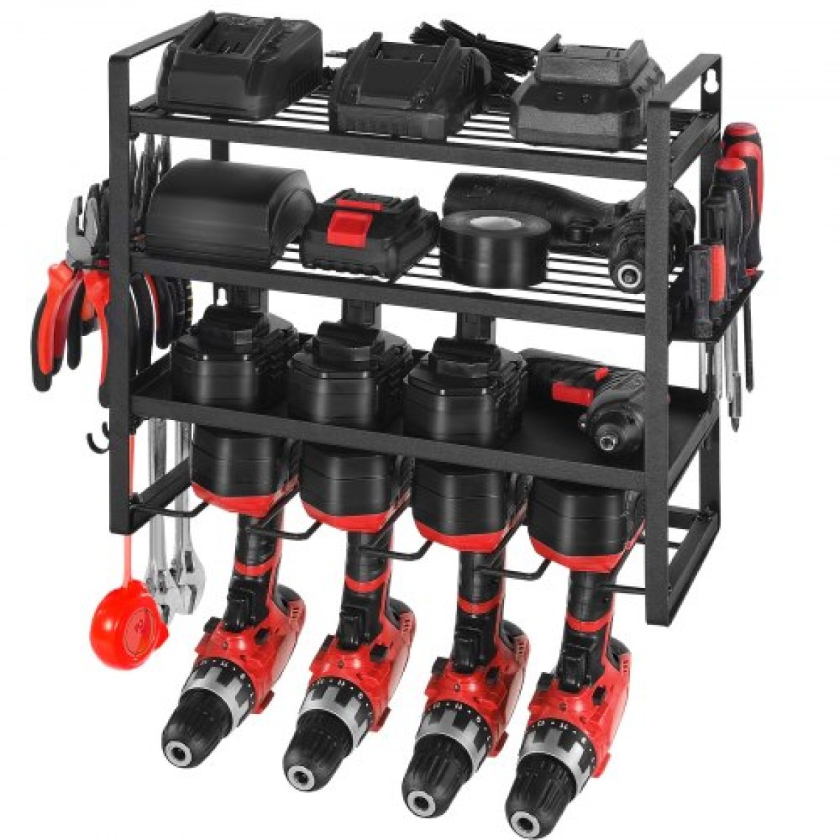 Βάση τοίχου VEVOR Power Tool Organizer, ράφι αποθήκευσης 4 επιπέδων με 4 θήκες για τρυπάνια, θήκη εργαλείων και ράφι αποθήκευσης με κατσαβίδι, οργάνωση εργαλείων γκαράζ για γκαράζ, πάγκο εργασίας και εργαστήριο