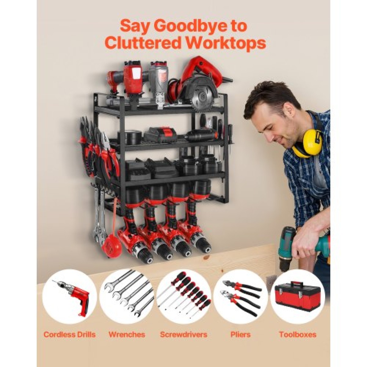 Βάση τοίχου VEVOR Power Tool Organizer, ράφι αποθήκευσης 4 επιπέδων με 4 θήκες για τρυπάνια, θήκη εργαλείων και ράφι αποθήκευσης με κατσαβίδι, οργάνωση εργαλείων γκαράζ για γκαράζ, πάγκο εργασίας και εργαστήριο