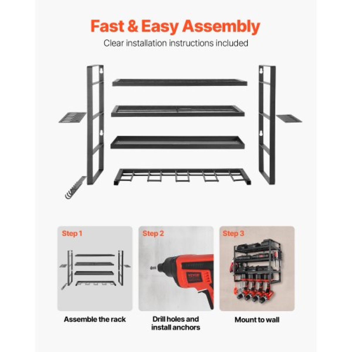 Βάση τοίχου VEVOR Power Tool Organizer, ράφι αποθήκευσης 4 επιπέδων με 4 θήκες για τρυπάνια, θήκη εργαλείων και ράφι αποθήκευσης με κατσαβίδι, οργάνωση εργαλείων γκαράζ για γκαράζ, πάγκο εργασίας και εργαστήριο