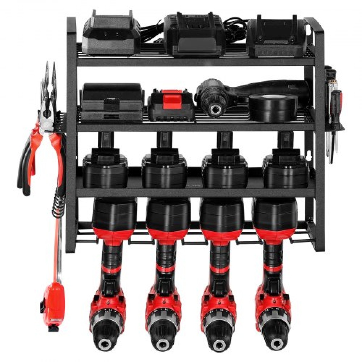 Βάση τοίχου VEVOR Power Tool Organizer, ράφι αποθήκευσης 4 επιπέδων με 4 θήκες για τρυπάνια, θήκη εργαλείων και ράφι αποθήκευσης με κατσαβίδι, οργάνωση εργαλείων γκαράζ για γκαράζ, πάγκο εργασίας και εργαστήριο