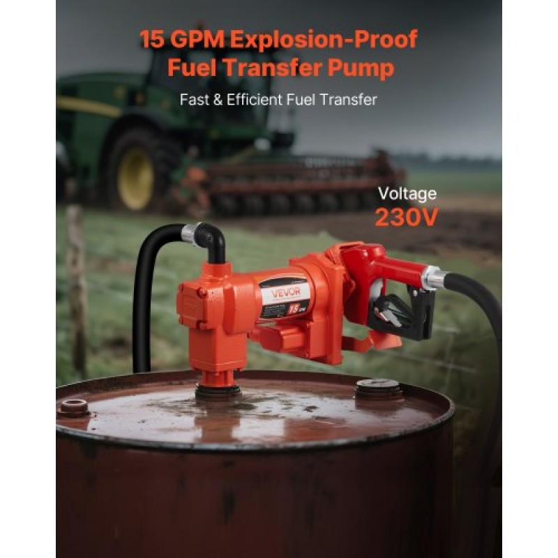 Αντλία μεταφοράς καυσίμου VEVOR 230V, 15 GPM 57 L/min, AC Electric Oil Transfer Pump, με αυτόματο κλείσιμο ακροφύσιο καυσίμου & σωλήνα εκκένωσης, κιτ υψηλής ροής για μείγματα βενζίνης, ντίζελ, κηροζίνης, βιοντίζελ, αιθανόλης