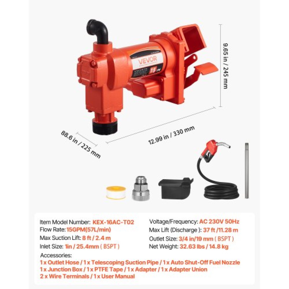 Αντλία μεταφοράς καυσίμου VEVOR 230V, 15 GPM 57 L/min, AC Electric Oil Transfer Pump, με αυτόματο κλείσιμο ακροφύσιο καυσίμου & σωλήνα εκκένωσης, κιτ υψηλής ροής για μείγματα βενζίνης, ντίζελ, κηροζίνης, βιοντίζελ, αιθανόλης